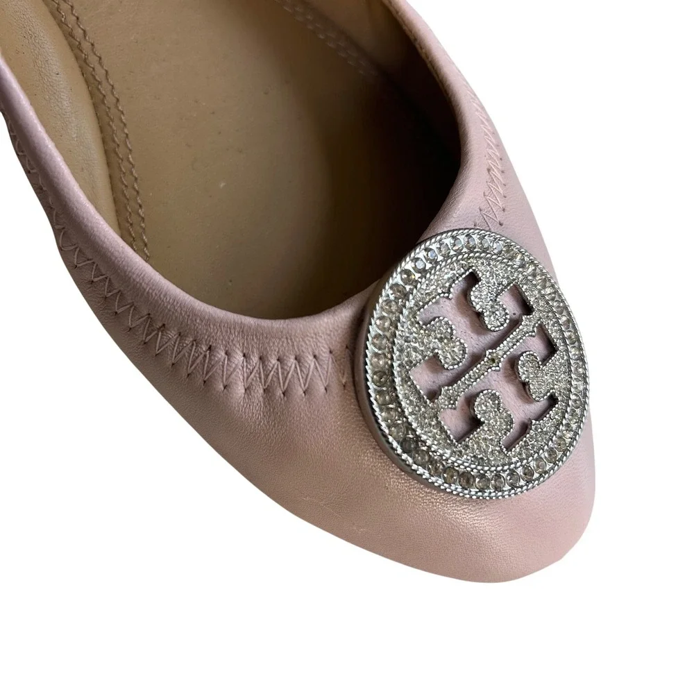 Tory Burch Minnie Travel Ballet Flats size 8 Pink Leather Crystal Medallion